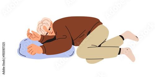 Sad depressed man lying curled up, crying, weeping in despair, grief. Frustrated sorrowful person sobbing in sorrow, depression, melancholy mood. Flat vector illustration isolated on white background