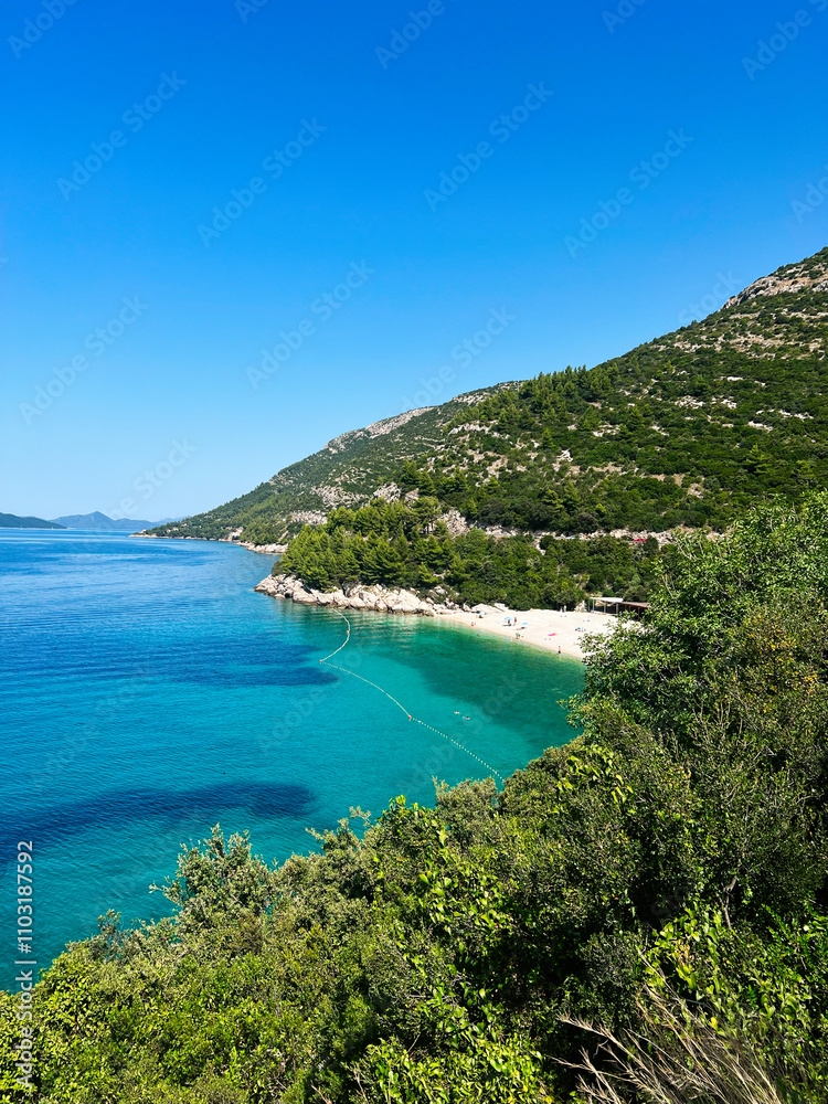 Fototapeta premium Idyllic beach with clear blue water and lush green hillside. Beach Veliki Zal, Croatia.