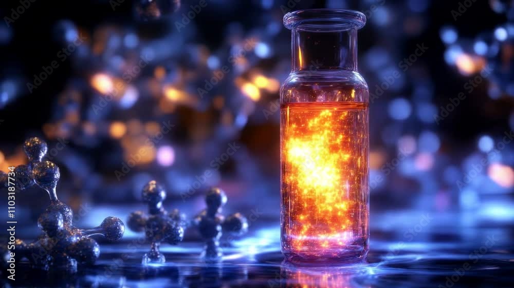 Bottle filled with glowing particles standing on shimmering water surface in magical light Bottle filled with glowing particles standing on shimmering water surface in magical light