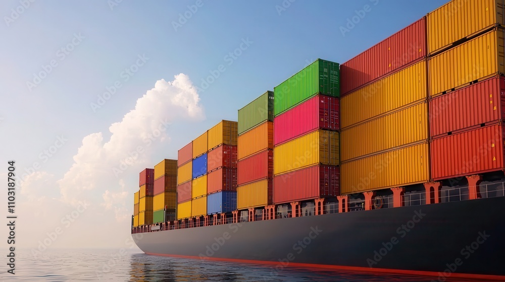 Fototapeta premium Shipping container movement ocean waters environmental consideration industrial transport wide-angle view global trade awareness