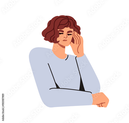 Tired frustrated woman with skeptical annoyed face expression. Disappointed stressed female with headache, looking with annoyance, frustration. Flat vector illustration isolated on white background