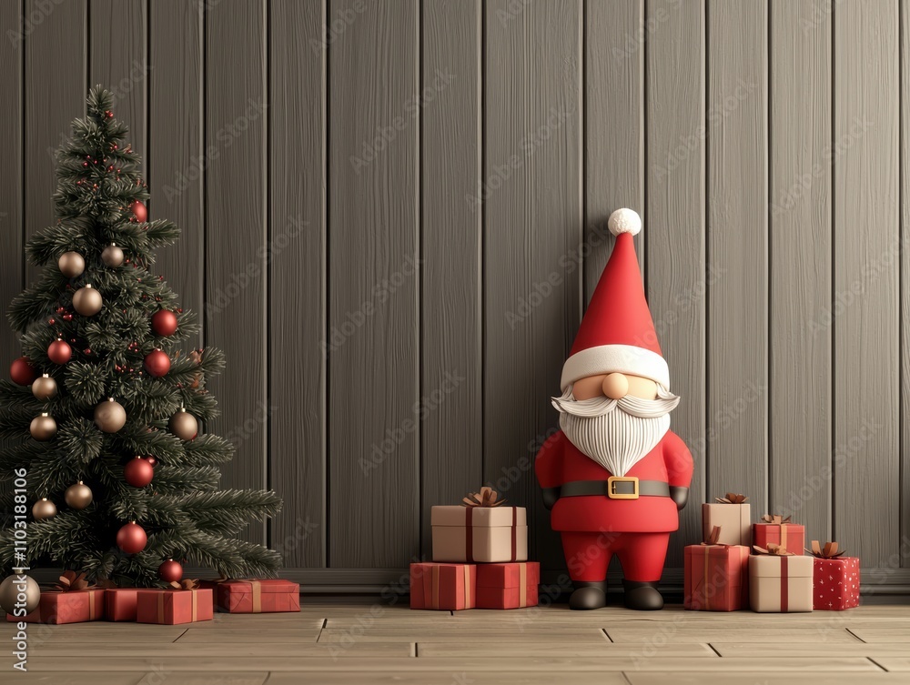 Fototapeta premium A festive scene featuring a decorated Christmas tree, gifts, and a cheerful Santa Claus figurine against a wooden wall.