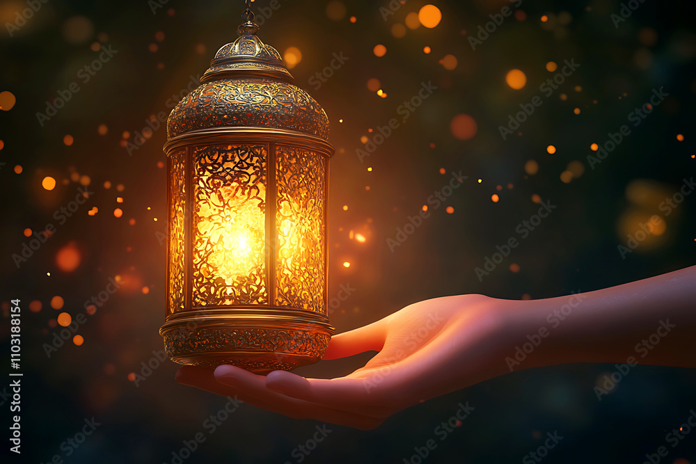Islamic ramadan kareem celebration lantern with beautiful bokeh lights in the background.