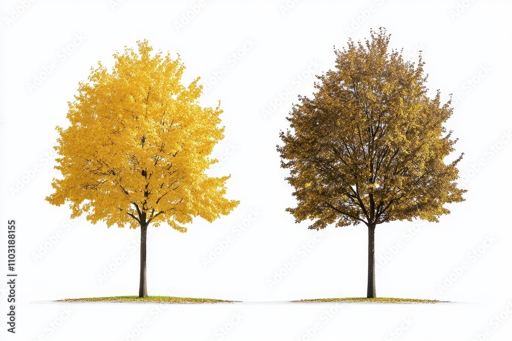 Street trees of tilia cordata in summer and autumn showcased in compact and medium dimensions, highlighting partial yellow leaves across two seasons, with clearly defined cutouts on a background Street trees of tilia cordata in summer and autumn showcased in compact and medium dimensions, highlighting partial yellow leaves across two seasons, with clearly defined cutouts on a background