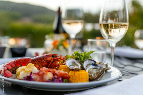 Gourmet seafood platter with lobster, oysters and glasses of white wine at dining table in outdoor waterfront restaurant photo