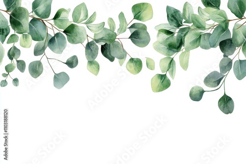 Watercolor illustration of a eucalyptus branch with green leaves isolated on white background.