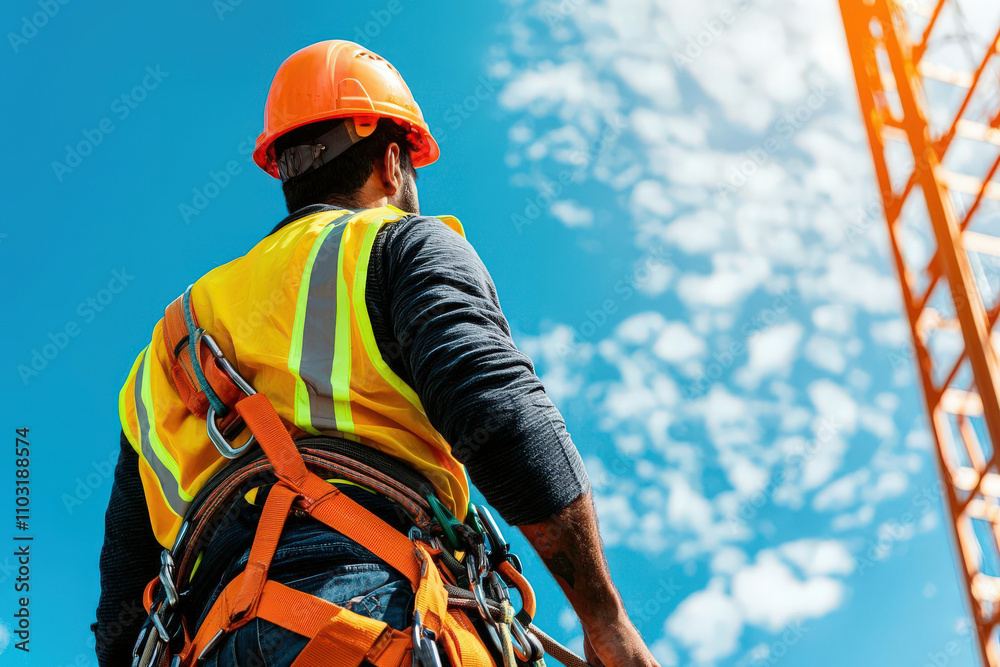 construction worker in safety gear looks up at crane against blue sky construction worker in safety gear looks up at crane against blue sky