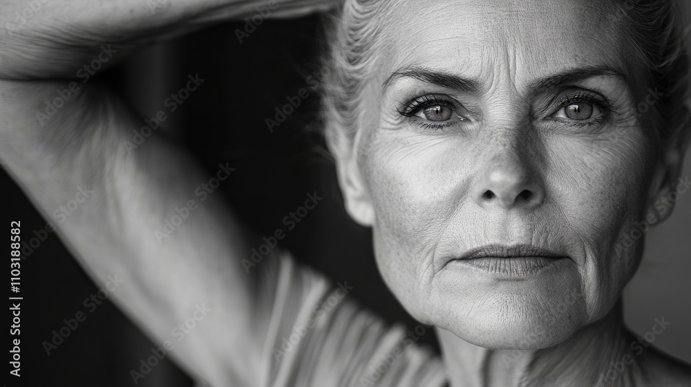 Mature woman with a confident look, grayscale portrait, strength and poise Mature woman with a confident look, grayscale portrait, strength and poise