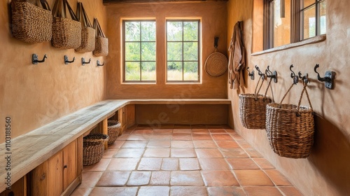A finely crafted southwestern mudroom with adobe walls