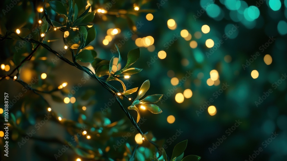 Enchanted Night: Twinkling Lights Among Lush Green Foliage Enchanted Night: Twinkling Lights Among Lush Green Foliage