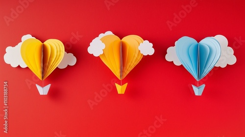 Three colorful heart-shaped hot air balloons against a vibrant red background evoke whimsy and creativity. photo