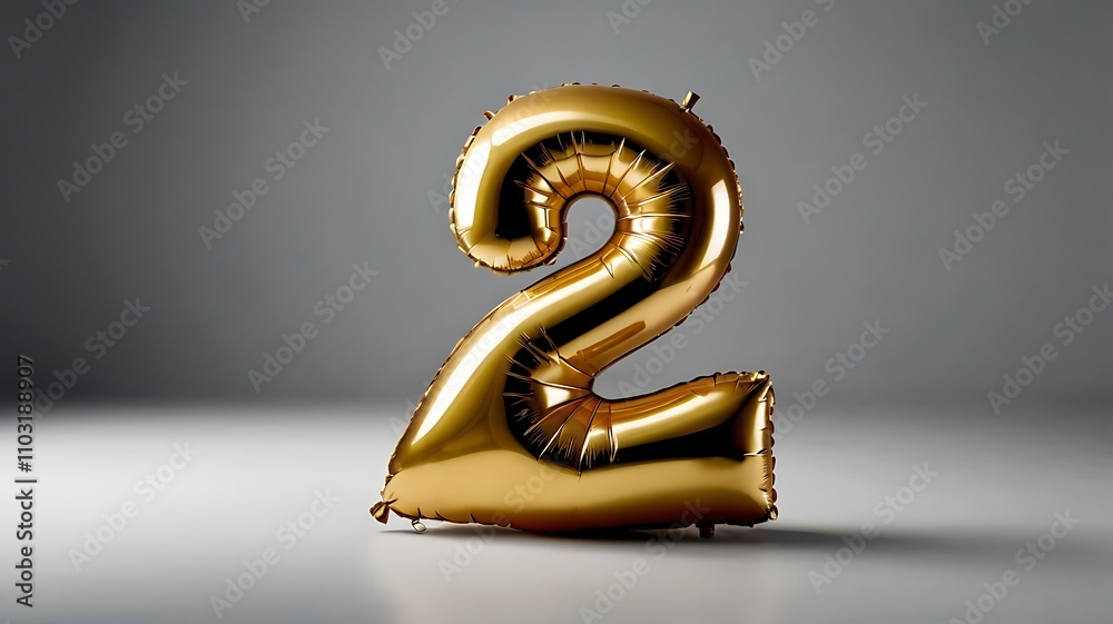 A shiny gold balloon in the shape of the number two A shiny gold balloon in the shape of the number two
