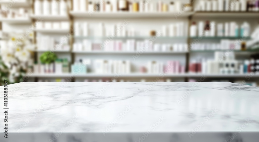 Empty marble countertop with blurred shelves of skincare products in the background.