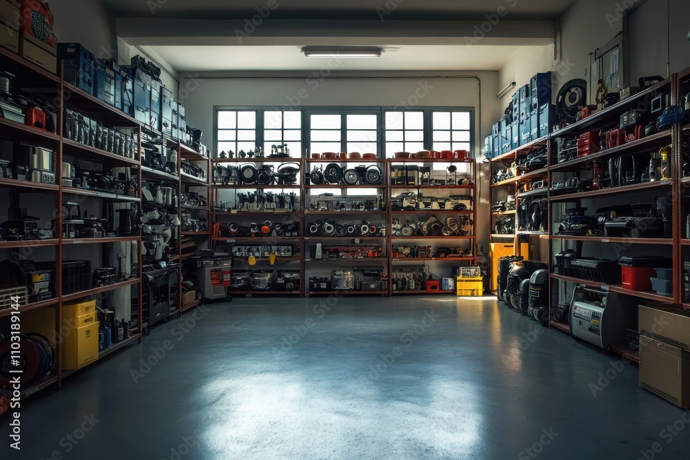Carefully organized automotive parts displayed neatly on shelves in a brightly lit service shop, highlighting a systematic arrangement in a workspace optimized for productivity and effectiveness Carefully organized automotive parts displayed neatly on shelves in a brightly lit service shop, highlighting a systematic arrangement in a workspace optimized for productivity and effectiveness