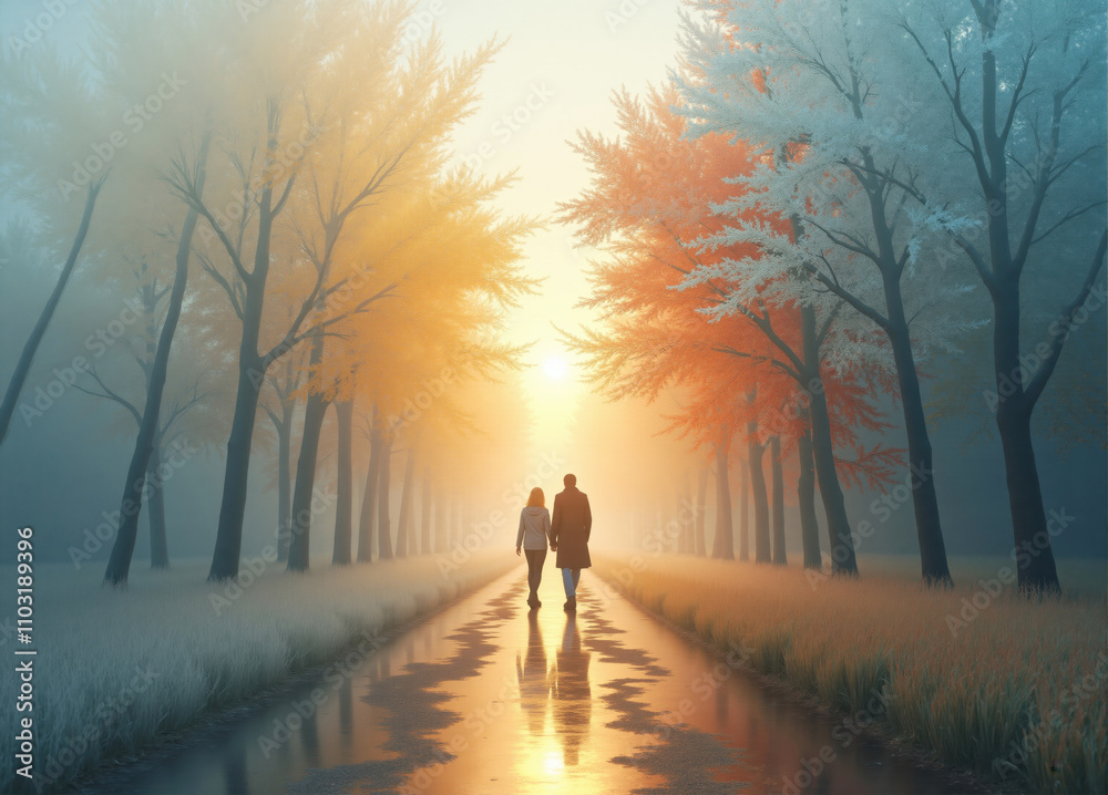 Couple walking on a wet road between colorful trees at sunset Couple walking on a wet road between colorful trees at sunset