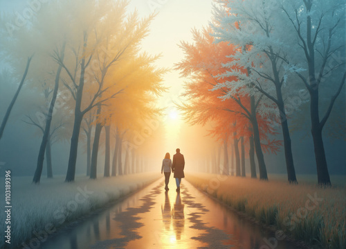 Couple walking on a wet road between colorful trees at sunset