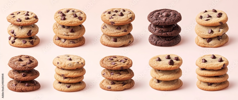 Stacks of chocolate chip cookies on a pink background. Stacks of chocolate chip cookies on a pink background.