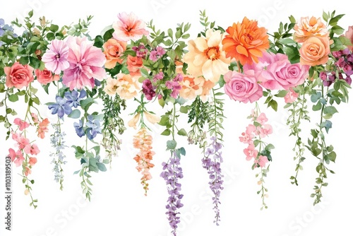 Fototapeta Naklejka Na Ścianę i Meble -  Watercolor painting of a floral garland with pink, orange, and purple flowers hanging down from a vine.