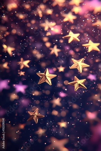 Golden stars sparkle against a dark, dreamy background, creating a festive atmosphere.
