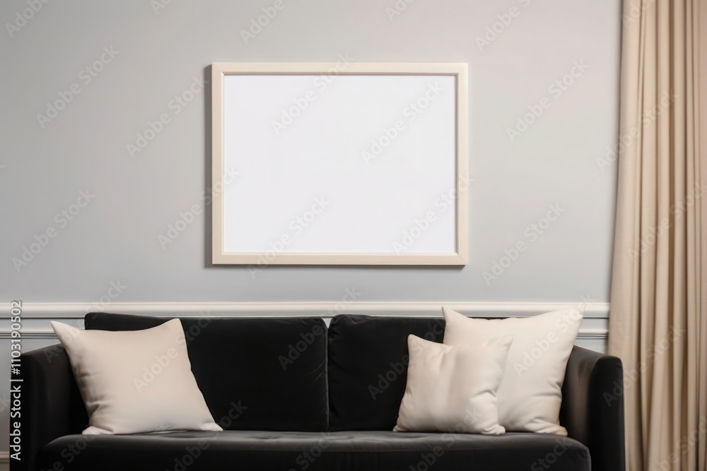 A Mockup of a blank white horizontal picture frame on the wall in the modern living room A Mockup of a blank white horizontal picture frame on the wall in the modern living room