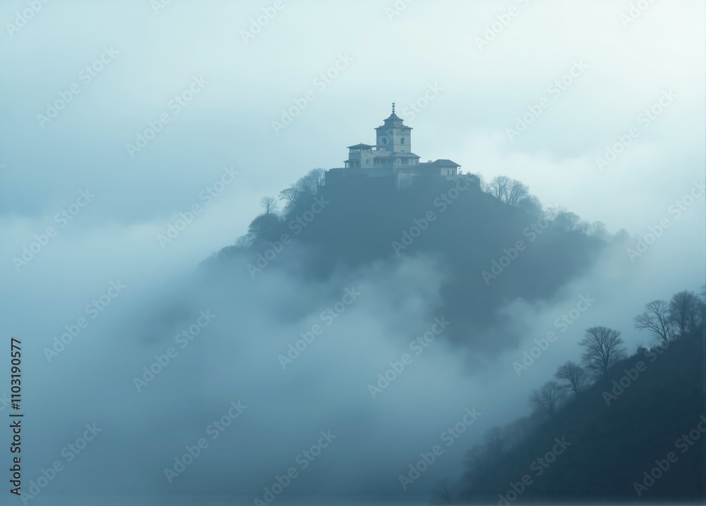 Fortress emerging from misty clouds on mountain top Fortress emerging from misty clouds on mountain top