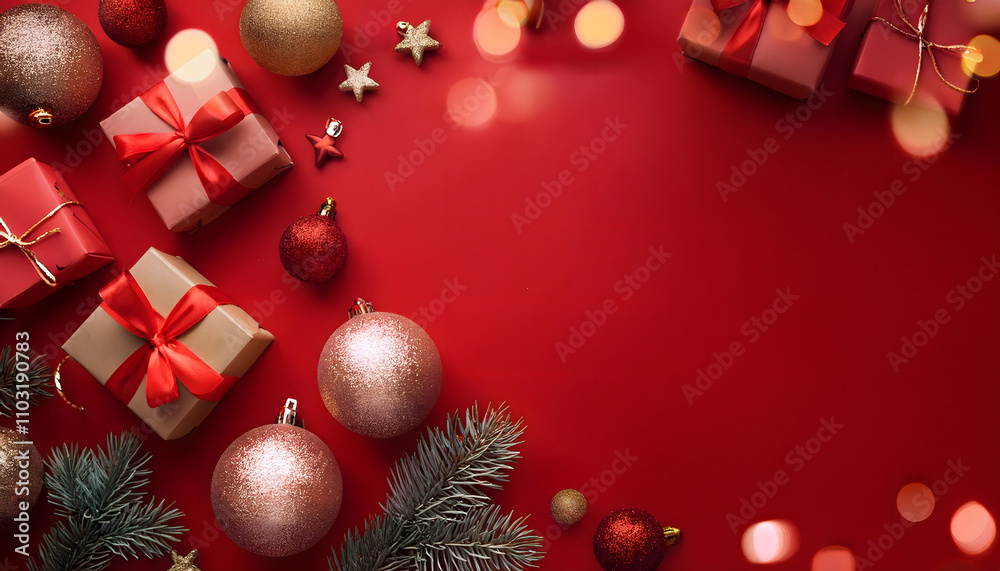 Top view 3D rendering, studio lights of a minimalistic of Christmas scene, gift box with balls and ornament decorated on red background. Top view 3D rendering, studio lights of a minimalistic of Christmas scene, gift box with balls and ornament decorated on red background.