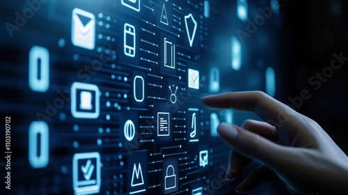 Hand touching a digital screen with law and justice icons on a dark blue background, a technology concept for online legal services in a business environment.