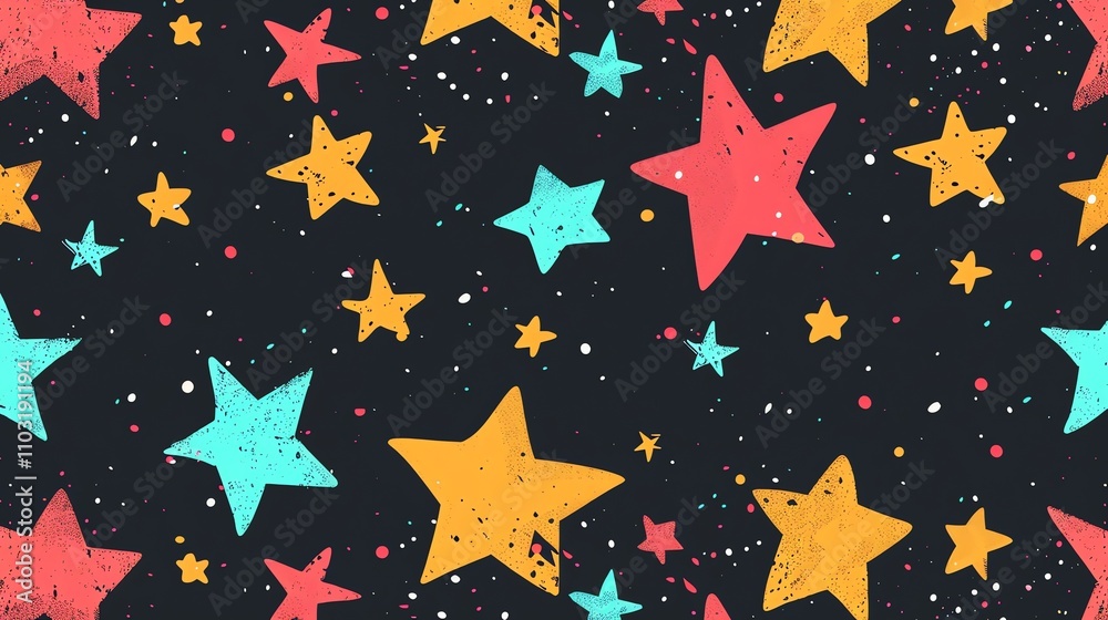 A seamless pattern of colorful stars on a black background. A seamless pattern of colorful stars on a black background.