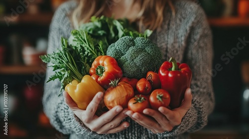 Woman with fresh vegetables in a kitchen, healthy eating vibes