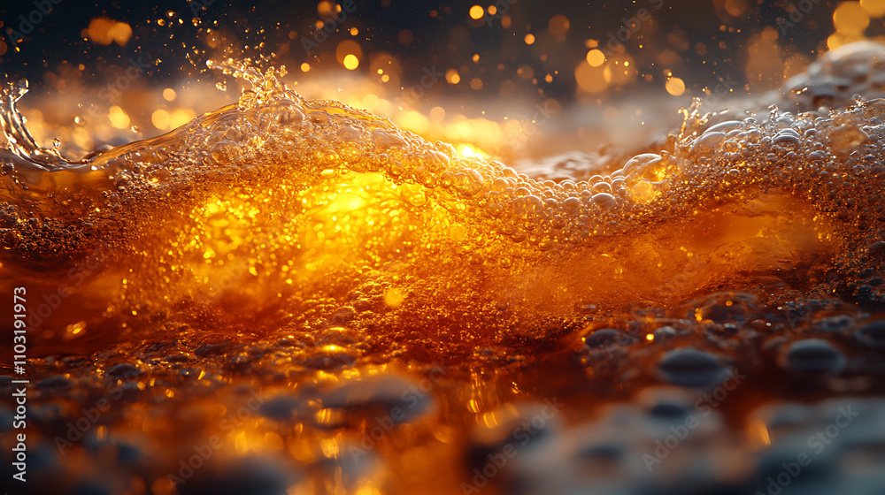 close up view of sparkling amber liquid with bubbles and light reflections, creating dynamic and vibrant atmosphere. image captures essence of refreshing beverage close up view of sparkling amber liquid with bubbles and light reflections, creating dynamic and vibrant atmosphere. image captures essence of refreshing beverage