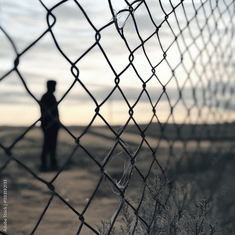 Silhouette of a man behind a chain-link fence at sunset.