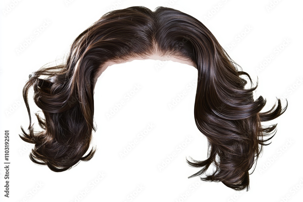 A long, brown wig with curls on a white background. A long, brown wig with curls on a white background.