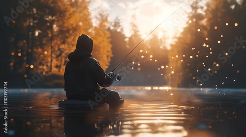 Fisher fishing on foggy sunrise photo