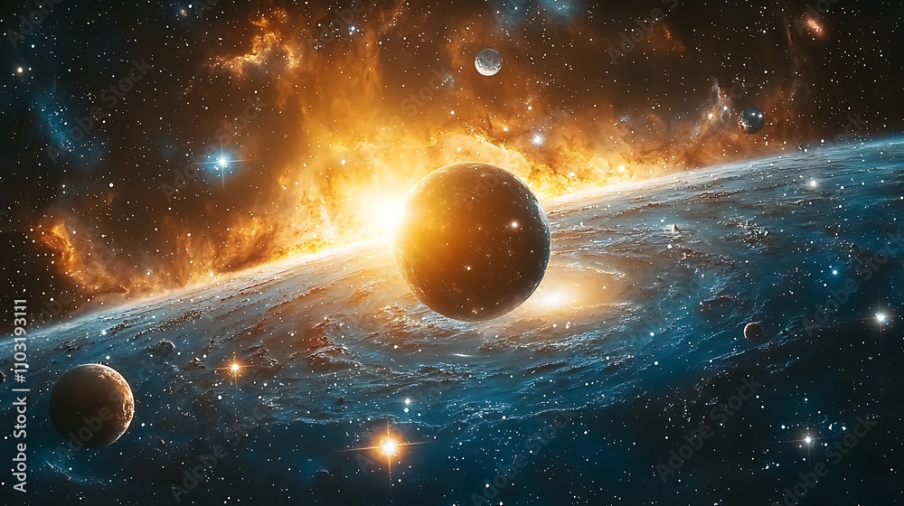 Obraz premium A vivid cosmic scene featuring a glowing star, planets, and swirling galaxies, illustrating the beauty and mystery of the universe.