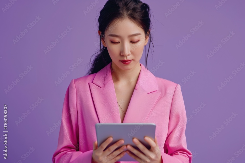 Woman in a pink jacket is looking at a tablet. She is focused on the screen Woman in a pink jacket is looking at a tablet. She is focused on the screen