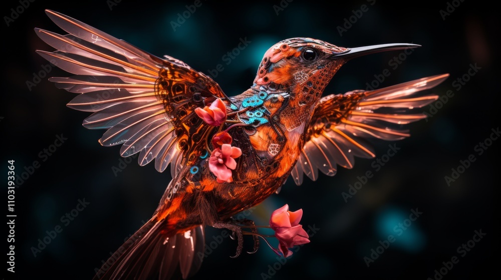 Obraz premium Concept of harmonious data flow illustrated by a digital hummingbird gracefully in flight