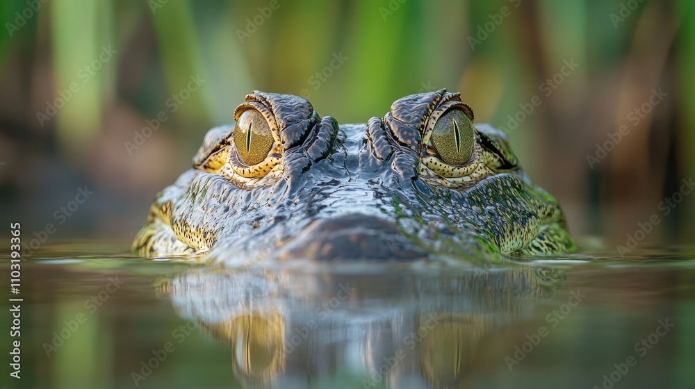 Fototapeta premium Crocodile is swimming in the water with its eyes open. The water is green and murky
