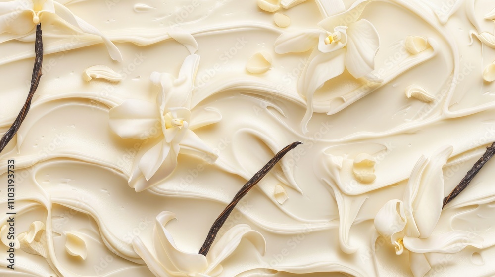 Vanilla cream swirl background with fresh vanilla beans and delicate flowers Vanilla cream swirl background with fresh vanilla beans and delicate flowers