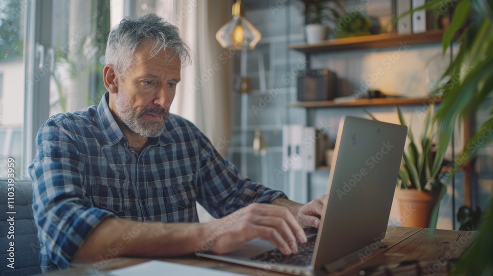 Man is sitting at a table with a laptop in front of him. He is typing on the laptop and he is focused on his work. The room has a cozy atmosphere with a potted plant and a vase on the table Man is sitting at a table with a laptop in front of him. He is typing on the laptop and he is focused on his work. The room has a cozy atmosphere with a potted plant and a vase on the table