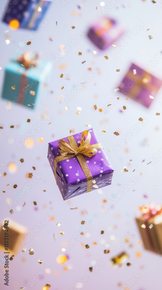 Colorful presents surrounded by shimmering confetti in a festive atmosphere. Colorful presents surrounded by shimmering confetti in a festive atmosphere.