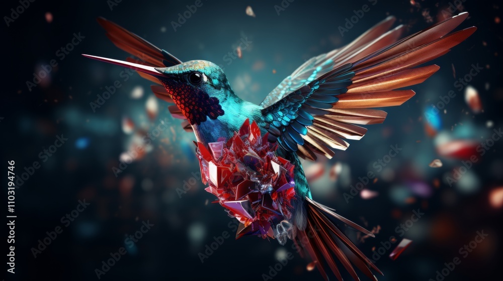 Obraz premium Illustration of harmonious data flow represented by a digital hummingbird in graceful flight