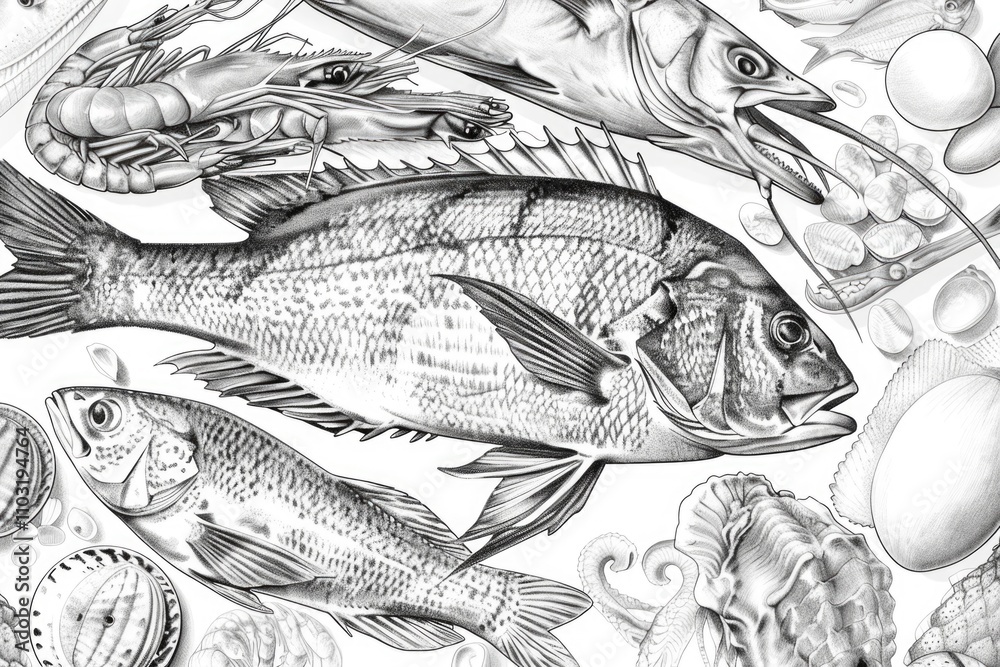 Fototapeta Drawing of various fish and seafood, including shrimp, is shown in black and white. Concept of abundance and variety, as it features a diverse selection of aquatic creatures. The use of black