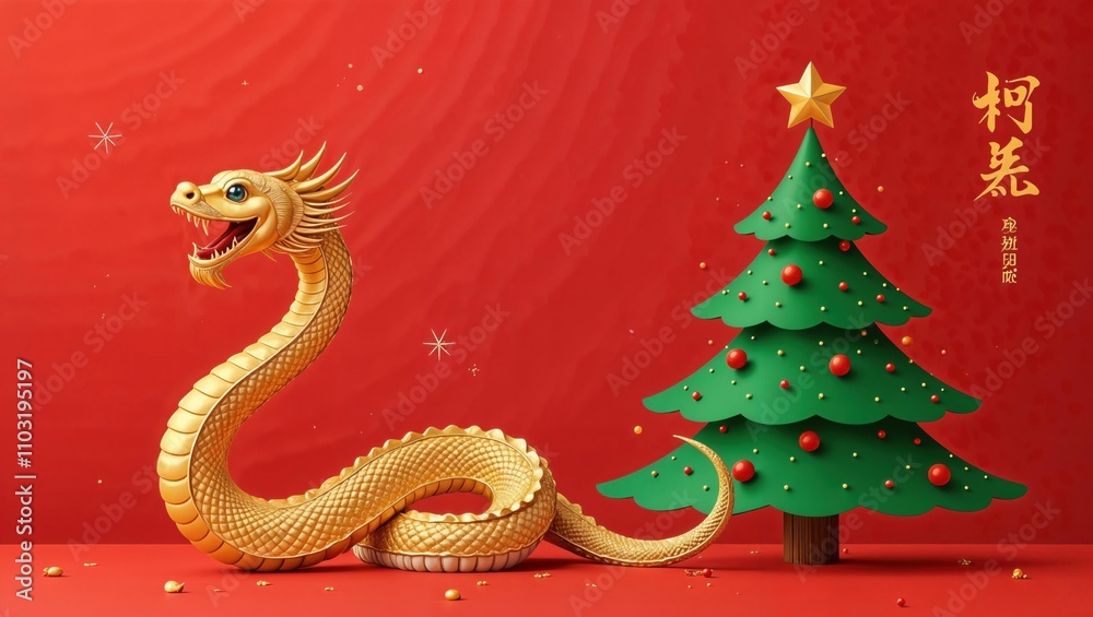 The artwork features a stunning Golden Dragon with a lovely Festive Christmas Tree Decoration The artwork features a stunning Golden Dragon with a lovely Festive Christmas Tree Decoration
