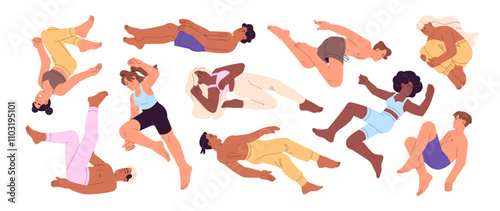 People fly in the air set. Diverse men and women flying zero gravity in different poses. Happy characters floating, soaring, free falling upside down. Flat isolated vector illustrations on white