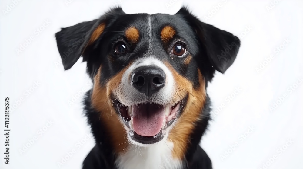 Happy dog with a bright expression posing against a plain background Happy dog with a bright expression posing against a plain background