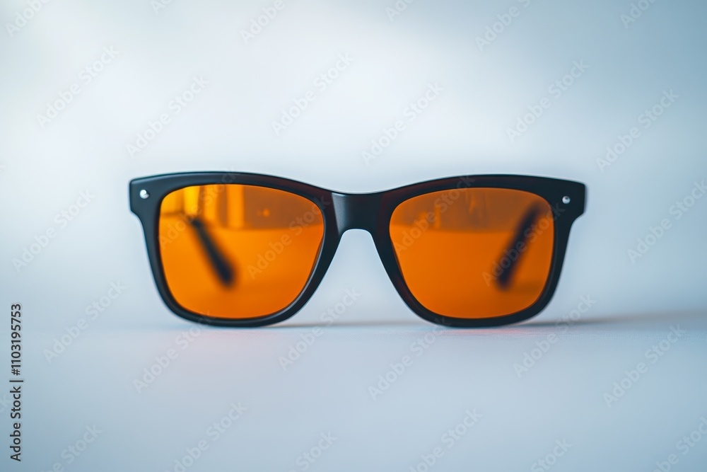 Close up of black sunglasses with orange lenses isolated on a white background. Close up of black sunglasses with orange lenses isolated on a white background.