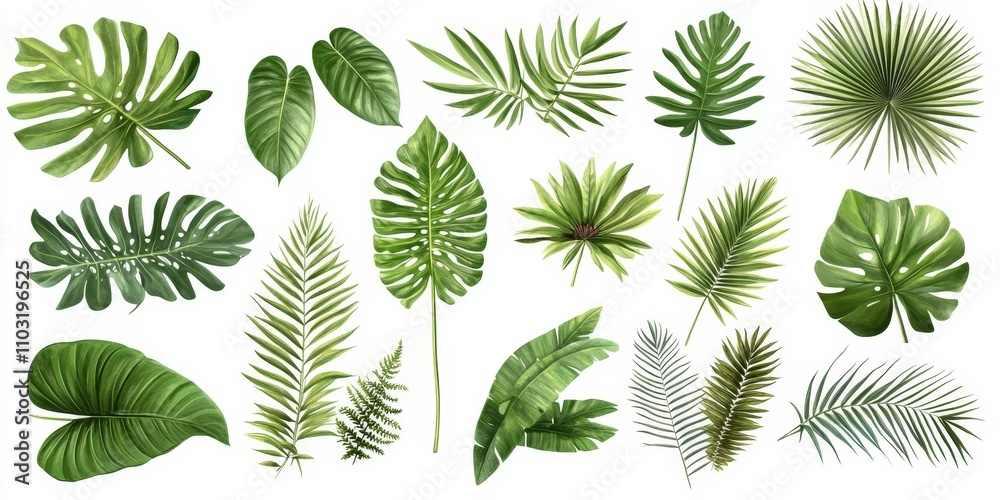 A collection of various tropical leaves isolated on a white background.