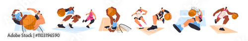 Basketball players set. Professional sportsmen play sports game, throw ball into basket, hoop in competition. Athletes in uniform do slam dunk on training. Flat isolated vector illustrations on white