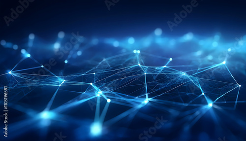 Minimalistic network of glowing blue nodes, high-tech digital connections ,depth of field effect