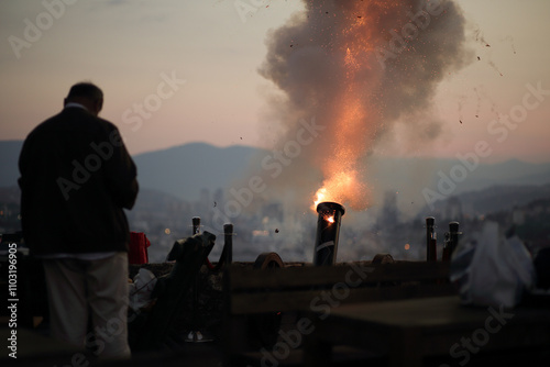 Man fires the Ramadan cannon as a sign of breaking the fast